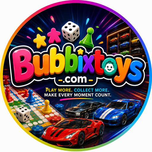 Bubbixtoys brand mark — dice, playing card and ludo pawn with premium die-cast cars. Tap to spin.