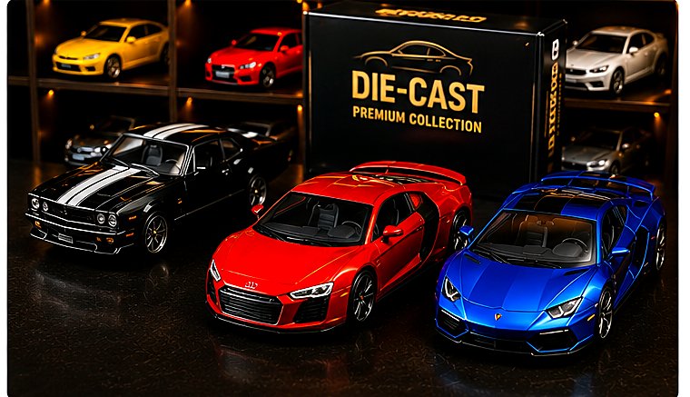 Premium die-cast model cars on display