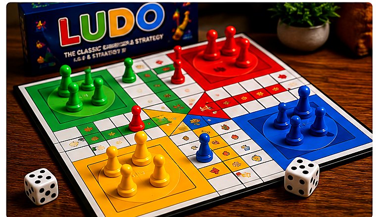Ludo board with coloured pawns and dice