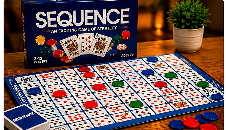 Sequence strategy board with cards and playing chips