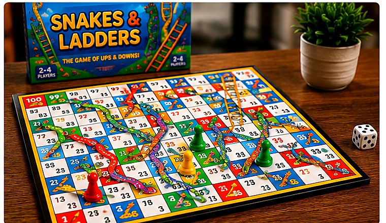 Snakes and Ladders board with pawns and dice